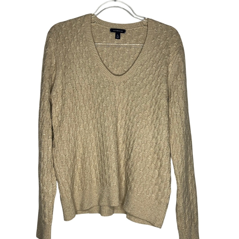 Lands End Women Cable Knit Sweater Sparkle Metallic V Neck Long Sleeve‎  L 14 16